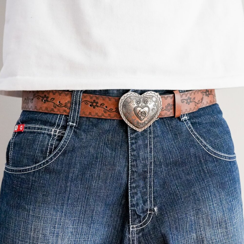 y2k heart buckle brown western floral belt